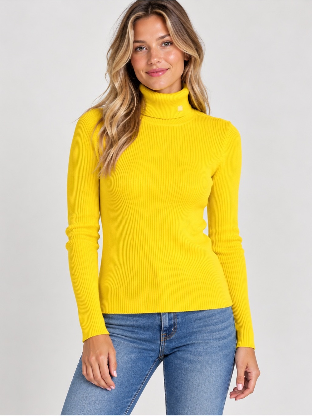 Lauren Ralph Lauren Women’s L Yellow Cotton Rib-Knit Turtleneck Logo Pullover